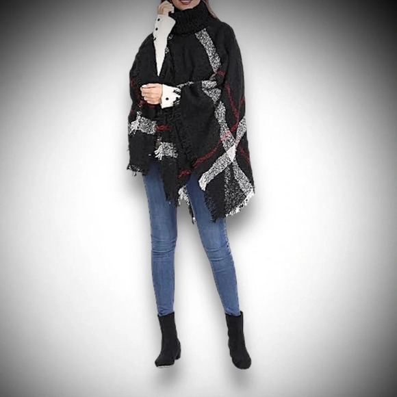 Women's Poncho Cape Knitted Faux Cashmere Pullover Sweater Turtleneck Cardigan - Picture 4 of 6